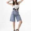 Bermudas de mujer azul nevado, algodón, bolsillos, pinzas, talles grandes, Flex Denim.