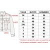 Tabla de talles de la Campera Clásica Elastizada Azul de Flex Denim, talles M al 2XL y especiales 6 al 9, con medidas de busto, hombro y largo en centímetros.
