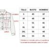 Tabla de talles de la Campera Elastizada Blanca de Flex Denim, talles S al 3XL, con medidas de busto, hombro y largo en centímetros.