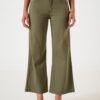 Pantalón de gabardina wide leg verde oliva para mujer, tiro alto, pierna amplia recta y calce cómodo urbano