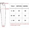 Tabla de talles Mom Relajado Gabardina simil corderoy Flex Denim: talles S-36, M-40 y L-44, medidas de cintura, cadera y largo total en cm