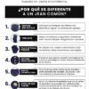 Características del Jean Faja de Flex Denim con calce colombiano: cintura ancha, tiro alto, tela elastizada premium, triple botón y efecto levanta cola