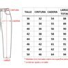 Tabla de talles jean Mom rígido Flex Denim: talles 36 al 50 con cintura, cadera, largo total y largo de tiro en cm.