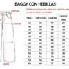 Tabla de talles del jean Baggy con Hebillas de Flex Denim, talles 36 al 60, con medidas de cintura, cadera, largo de tiro y largo total en centímetros.
