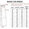 Tabla de talles del jean Baggy Hebillas con Pinzas de Flex Denim, talles 36 al 60, con medidas de cintura, cadera, largo de tiro y largo total en centímetros.