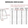 Tabla de talles de la bermuda de jean Plaque Desflecado de Flex Denim, talles 38 al 56, con cintura y cadera medidas con la prenda estirada, largo de tiro y largo total en centímetros.