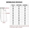 Tabla de talles de la bermuda de jean Wide rígida de Flex Denim, talles 36 al 56, con medidas de cintura, cadera y largo en centímetros.