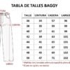 Tabla de talles del jean Baggy rígido de Flex Denim, talles 36 al 50, con medidas de cintura, cadera, largo y tiro en centímetros.