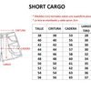 Tabla de talles short cargo Flex Denim: talles 38 al 56 con medidas de cintura, cadera, tiro y largo total en cm.