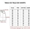 Tabla de talles del short de jean elastizado de Flex Denim, talles 38 al 56, con medidas de tiro, cintura, cadera y largo total en centímetros.